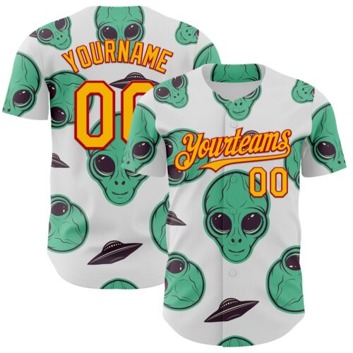 3DPattern13621 Custom White Gold-Red Alien UFO Space Authentic Baseball Jersey