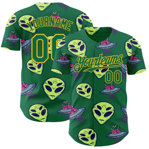 3DPattern13622 Custom Kelly Green Gold Alien UFO Space Authentic Baseball Jersey