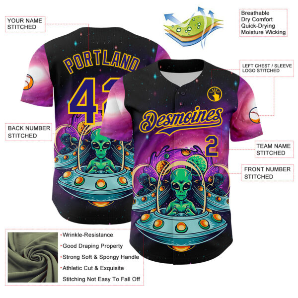 Custom Black Dark Purple-Yellow Alien UFO Space Galaxy Authentic Baseball Jersey
