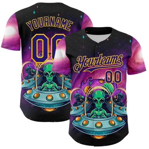 3DPattern13625 Custom Black Dark Purple-Yellow Alien UFO Space Galaxy Authentic Baseball Jersey