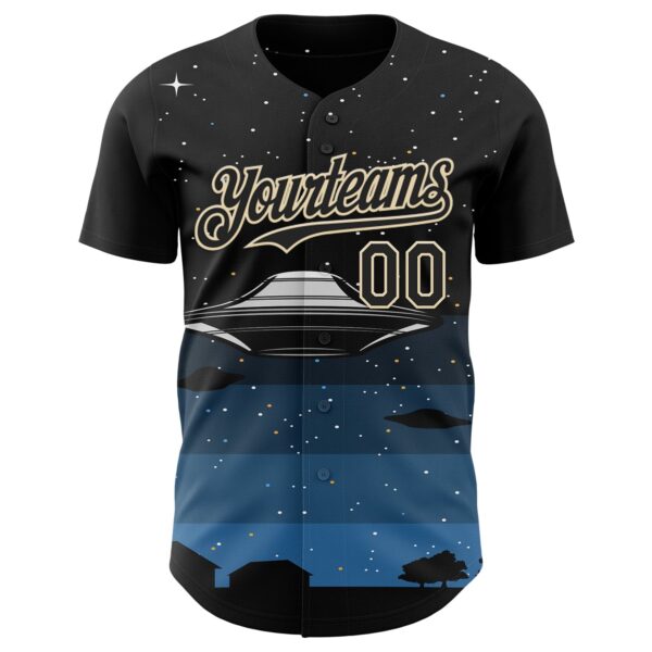 Custom Black Cream Alien UFO Galaxy Night Sky Town Authentic Baseball Jersey