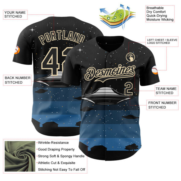 Custom Black Cream Alien UFO Galaxy Night Sky Town Authentic Baseball Jersey