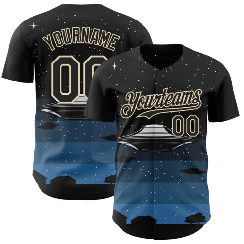 3DPattern13634 Custom Black Cream Alien UFO Galaxy Night Sky Town Authentic Baseball Jersey