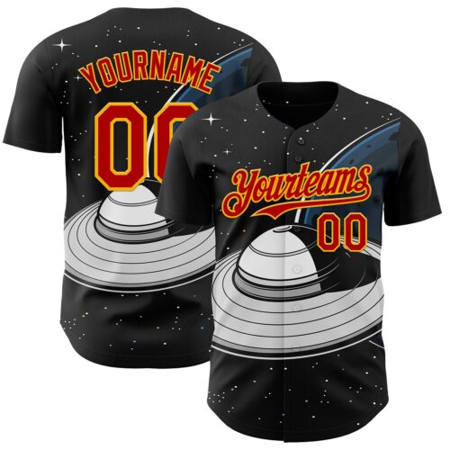 3DPattern13635 Custom Black Red-Gold Alien UFO Saucer Authentic Baseball Jersey