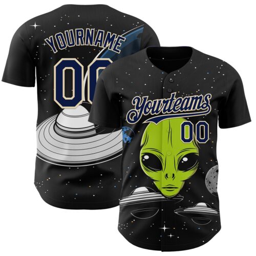 3DPattern13636 Custom Black Navy-Cream Alien UFO Galaxy Authentic Baseball Jersey
