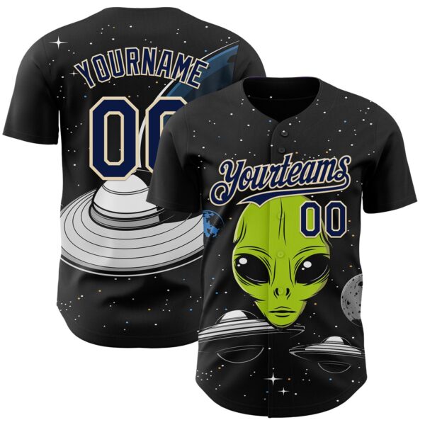 Custom Black Navy-Cream Alien UFO Galaxy Authentic Baseball Jersey
