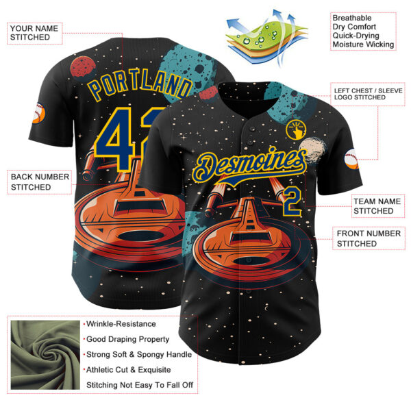 Custom Black US Navy Blue-Yellow Alien UFO Interstellar Starship Galaxy Authentic Baseball Jersey