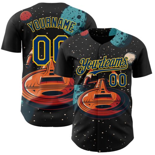 3DPattern13638 Custom Black US Navy Blue-Yellow Alien UFO Interstellar Starship Galaxy Authentic Baseball Jersey