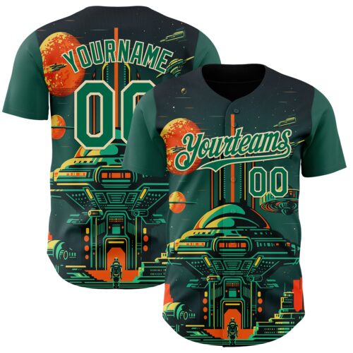 3DPattern13644 Custom Black Kelly Green-Cream Alien Spaceship Fleet UFO Galaxy Authentic Baseball Jersey
