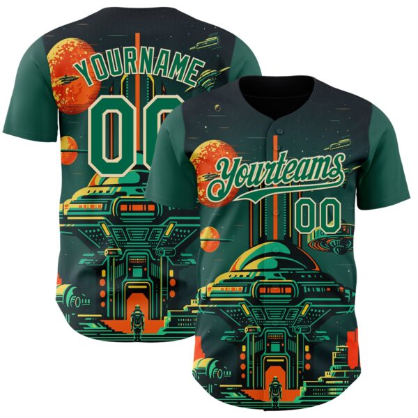 Custom Black Kelly Green-Cream Alien Spaceship Fleet UFO Galaxy Authentic Baseball Jersey