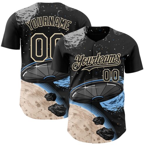 3DPattern13645 Custom Black Cream Alien Space Meteor UFO Galaxy Authentic Baseball Jersey