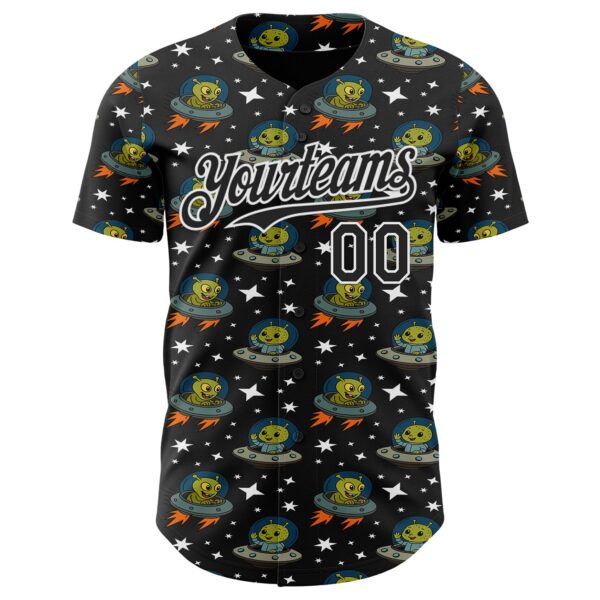 Custom Black White Cartoon Alien UFO Space Galaxy Authentic Baseball Jersey
