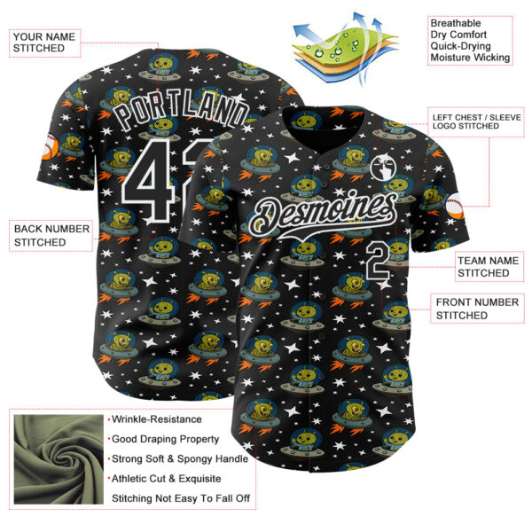 Custom Black White Cartoon Alien UFO Space Galaxy Authentic Baseball Jersey