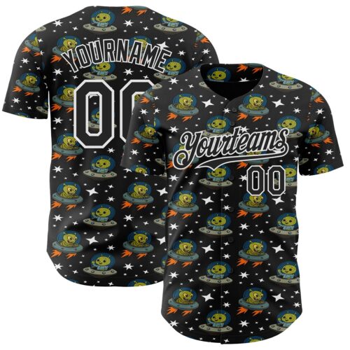 3DPattern13647 Custom Black White Cartoon Alien UFO Space Galaxy Authentic Baseball Jersey