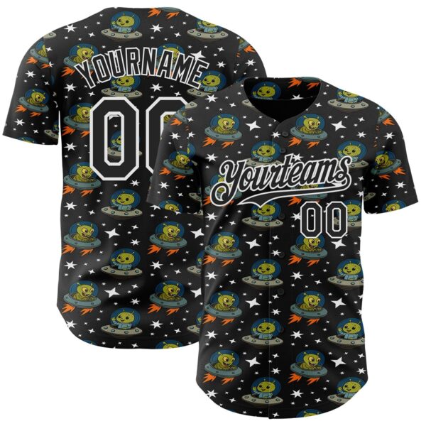 Custom Black White Cartoon Alien UFO Space Galaxy Authentic Baseball Jersey