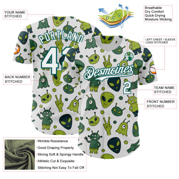 Custom White Midnight Green Cartoon Alien Authentic Baseball Jersey