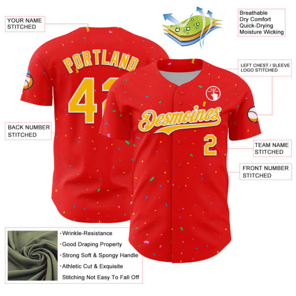Custom Fire Red Gold-White 3D Pattern Design Confetti Colorful Speckle Authentic Baseball Jersey