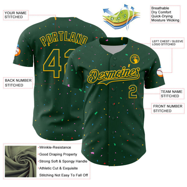 Custom Green Gold 3D Pattern Design Confetti Colorful Speckle Authentic Baseball Jersey