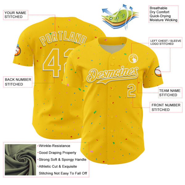 Custom Yellow White 3D Pattern Design Confetti Colorful Speckle Authentic Baseball Jersey