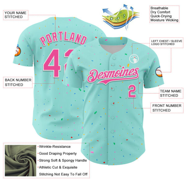 Custom Ice Blue Pink-White 3D Pattern Design Confetti Colorful Speckle Authentic Baseball Jersey