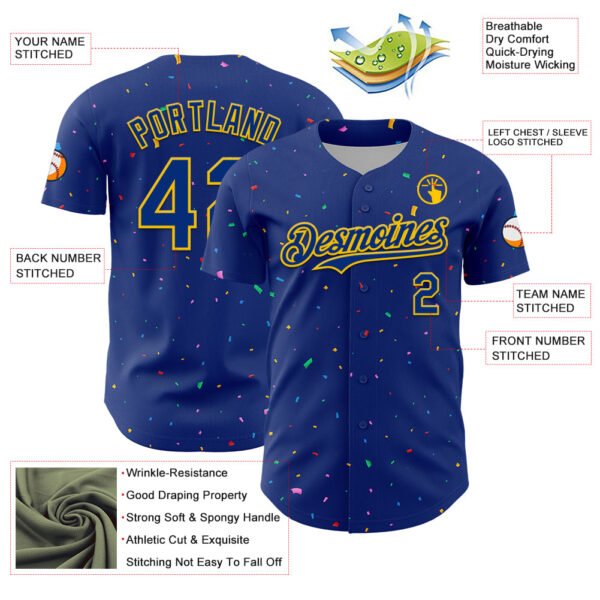 Custom Royal Yellow 3D Pattern Design Confetti Colorful Speckle Authentic Baseball Jersey