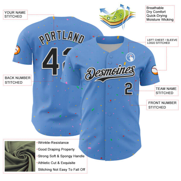 Custom Powder Blue Black-White 3D Pattern Design Confetti Colorful Speckle Authentic Baseball Jersey