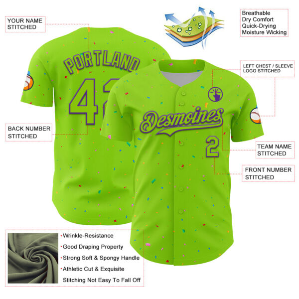 Custom Neon Green Purple 3D Pattern Design Confetti Colorful Speckle Authentic Baseball Jersey