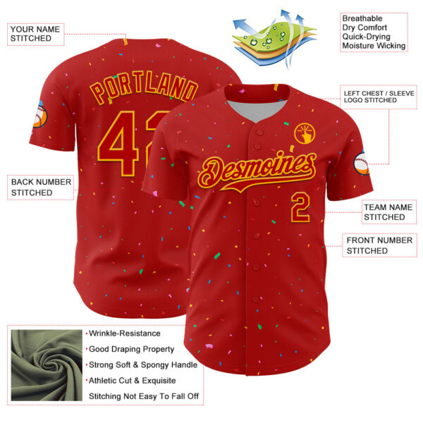 Custom Red Gold 3D Pattern Design Confetti Colorful Speckle Authentic Baseball Jersey