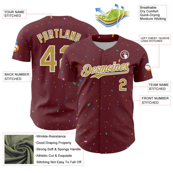 Custom Burgundy Old Gold-White 3D Pattern Design Confetti Colorful Speckle Authentic Baseball Jersey