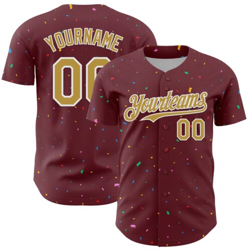 3DPattern13661 Custom Burgundy Old Gold-White 3D Pattern Design Confetti Colorful Speckle Authentic Baseball Jersey