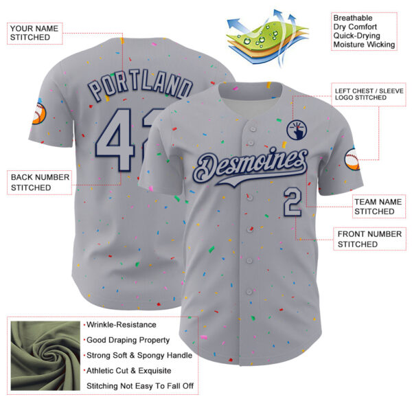 Custom Gray Navy 3D Pattern Design Confetti Colorful Speckle Authentic Baseball Jersey