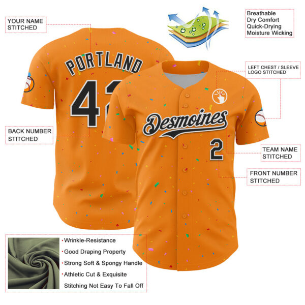Custom Bay Orange Black-White 3D Pattern Design Confetti Colorful Speckle Authentic Baseball Jersey