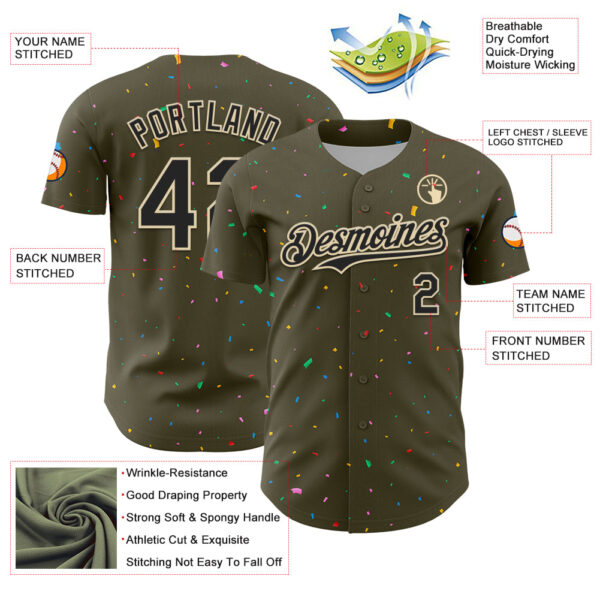 Custom Olive Black-Cream 3D Pattern Design Confetti Colorful Speckle Authentic Baseball Jersey