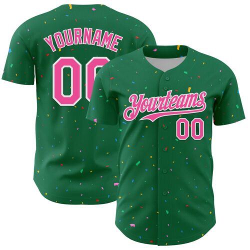 3DPattern13669 Custom Kelly Green Pink-White 3D Pattern Design Confetti Colorful Speckle Authentic Baseball Jersey