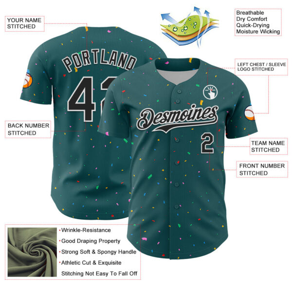 Custom Midnight Green Black-White 3D Pattern Design Confetti Colorful Speckle Authentic Baseball Jersey