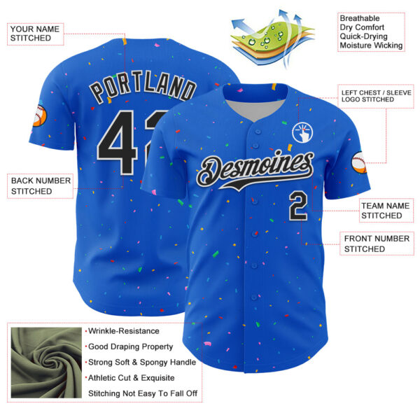Custom Thunder Blue Black-White 3D Pattern Design Confetti Colorful Speckle Authentic Baseball Jersey