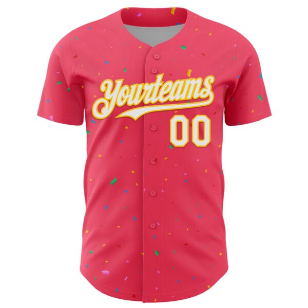 Custom Neon Pink White-Yellow 3D Pattern Design Confetti Colorful Speckle Authentic Baseball Jersey