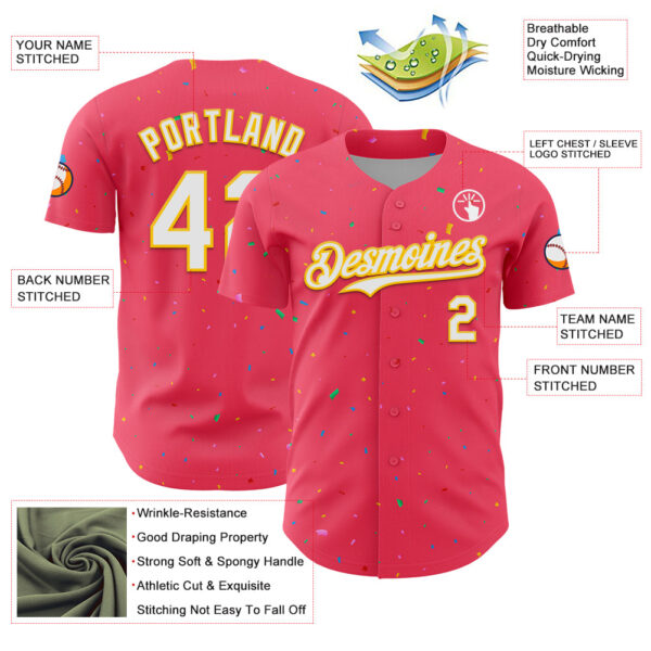 Custom Neon Pink White-Yellow 3D Pattern Design Confetti Colorful Speckle Authentic Baseball Jersey