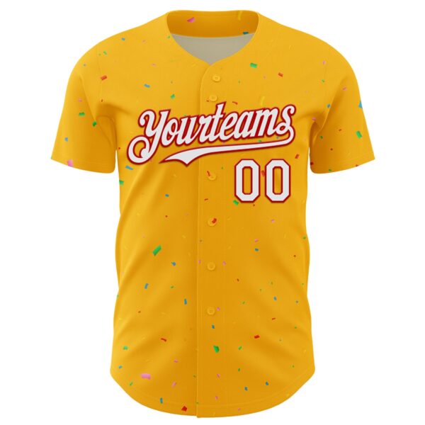 Custom Gold White-Red 3D Pattern Design Confetti Colorful Speckle Authentic Baseball Jersey