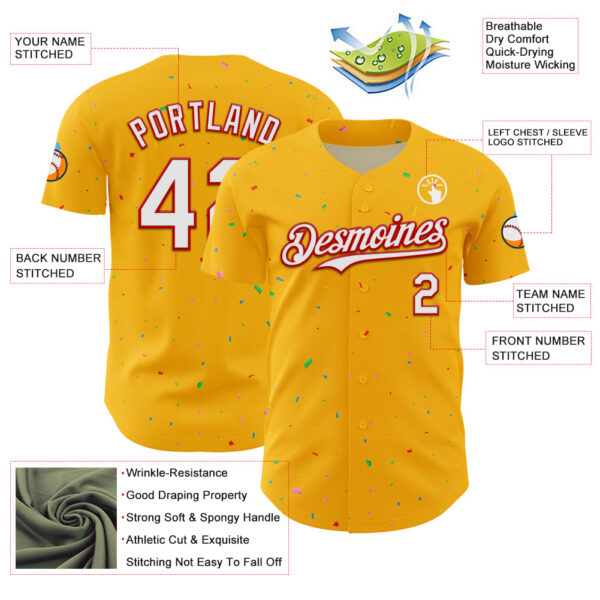 Custom Gold White-Red 3D Pattern Design Confetti Colorful Speckle Authentic Baseball Jersey