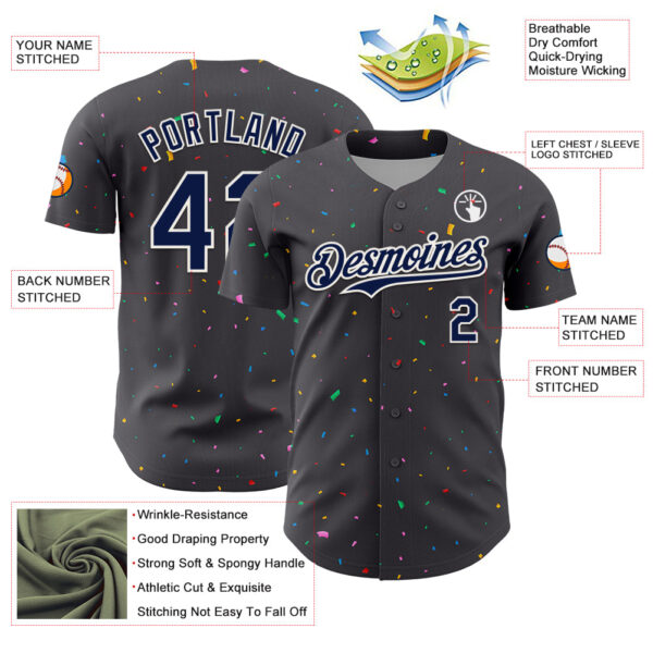 Custom Steel Gray Navy-White 3D Pattern Design Confetti Colorful Speckle Authentic Baseball Jersey