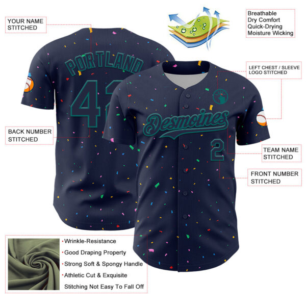 Custom Navy Teal 3D Pattern Design Confetti Colorful Speckle Authentic Baseball Jersey