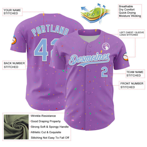 Custom Medium Purple Light Blue-White 3D Pattern Design Confetti Colorful Speckle Authentic Baseball Jersey