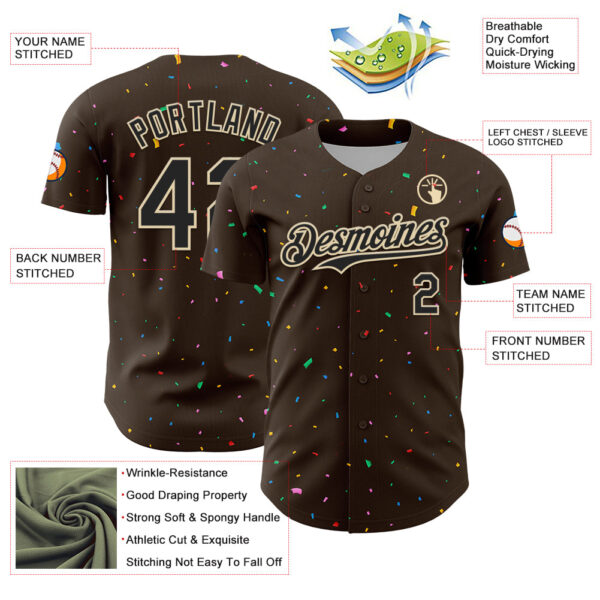 Custom Brown Black-Cream 3D Pattern Design Confetti Colorful Speckle Authentic Baseball Jersey