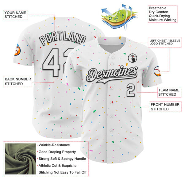 Custom White Black 3D Pattern Design Confetti Colorful Speckle Authentic Baseball Jersey