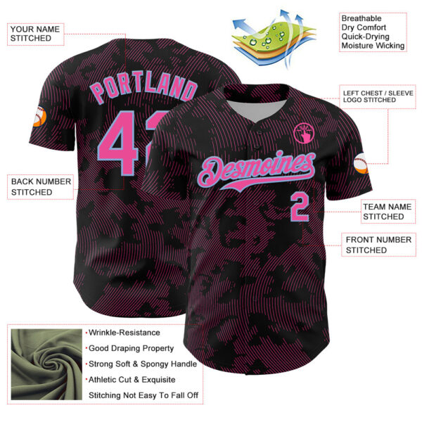 Custom Black Pink-Light Blue Curve Lines Authentic Baseball Jersey