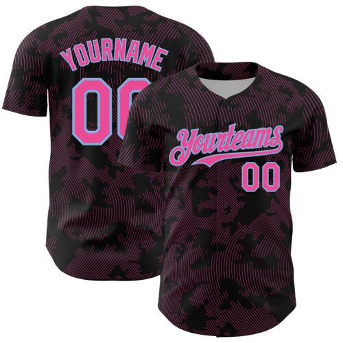 3DPattern13693 Custom Black Pink-Light Blue Curve Lines Authentic Baseball Jersey