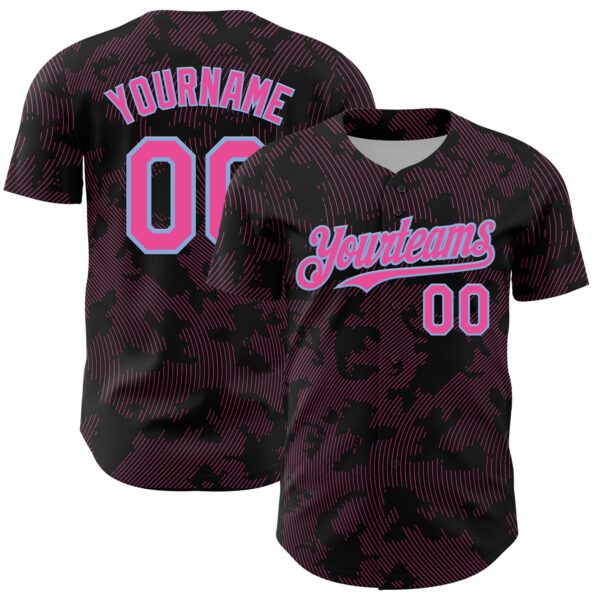Custom Black Pink-Light Blue Curve Lines Authentic Baseball Jersey
