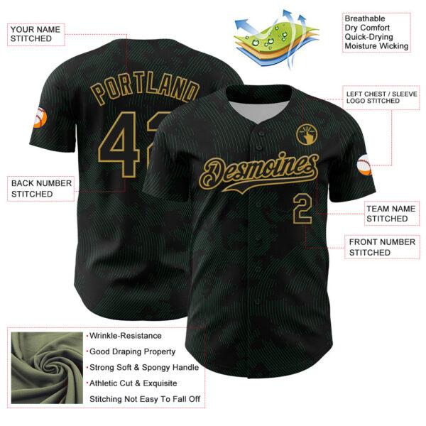 Custom Black Kelly Green-Old Gold Curve Lines Authentic Baseball Jersey