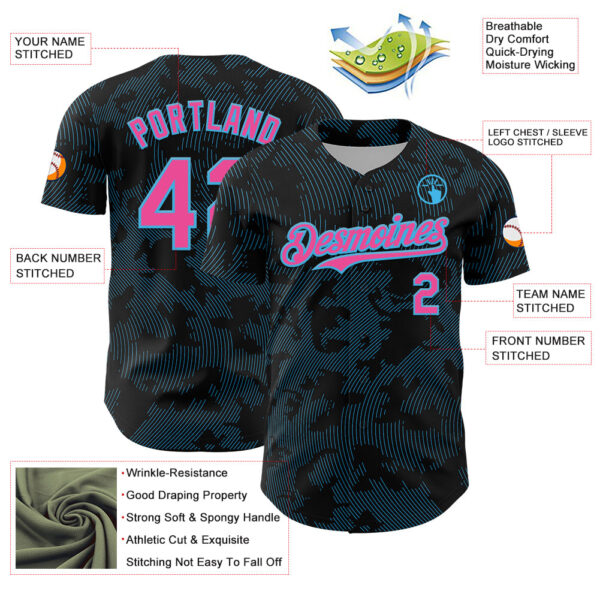 Custom Black Pink-Sky Blue Curve Lines Authentic Baseball Jersey